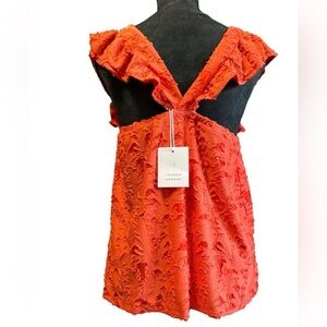 NWT LC Lauren Conrad Women’s Large Orange Ruffle Sleeve  Racer Back Lined‎